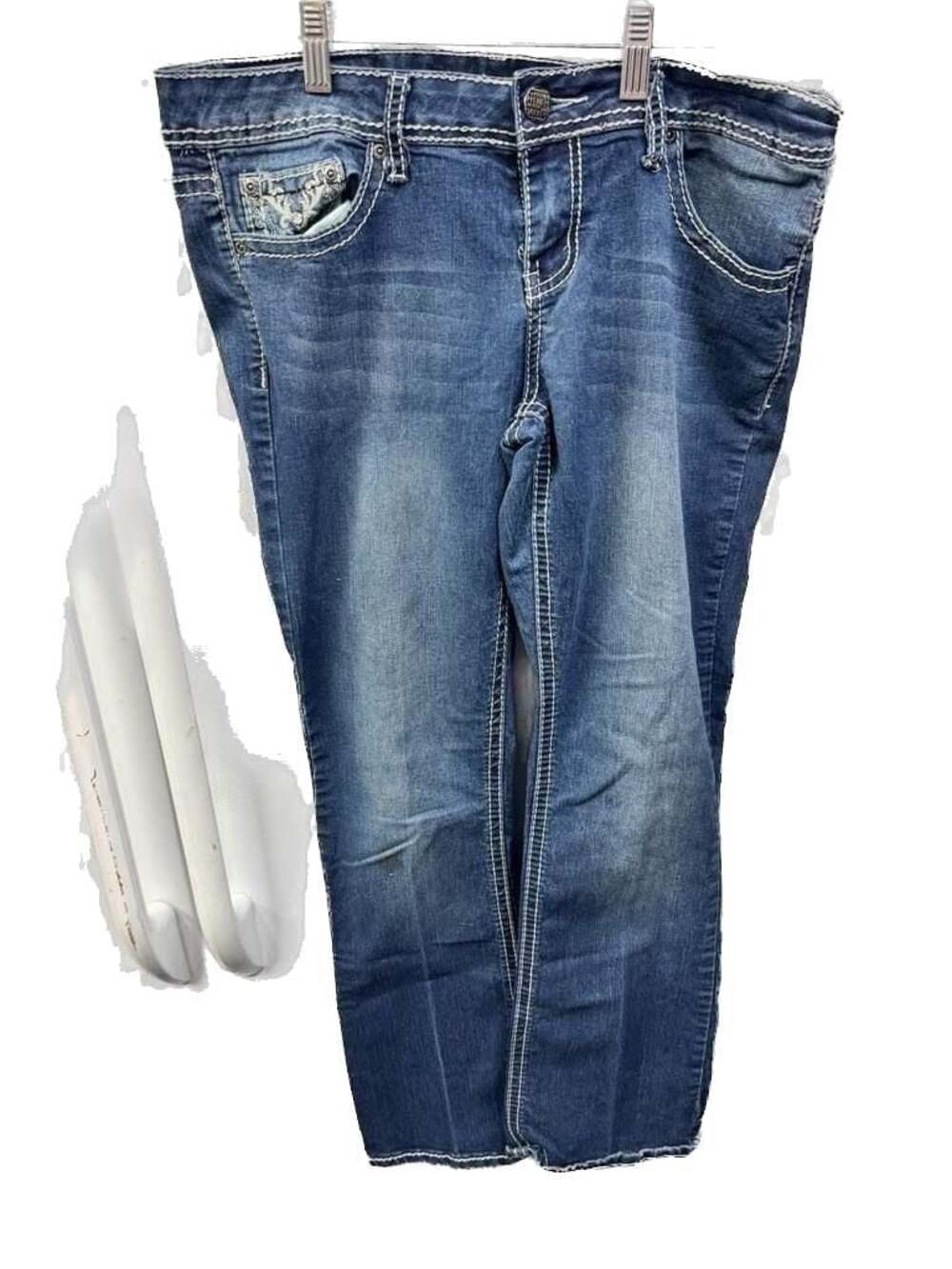 Premiere by Rue21 Women's Blue Denim Embroidered Cross Pocket Bootcut Jeans